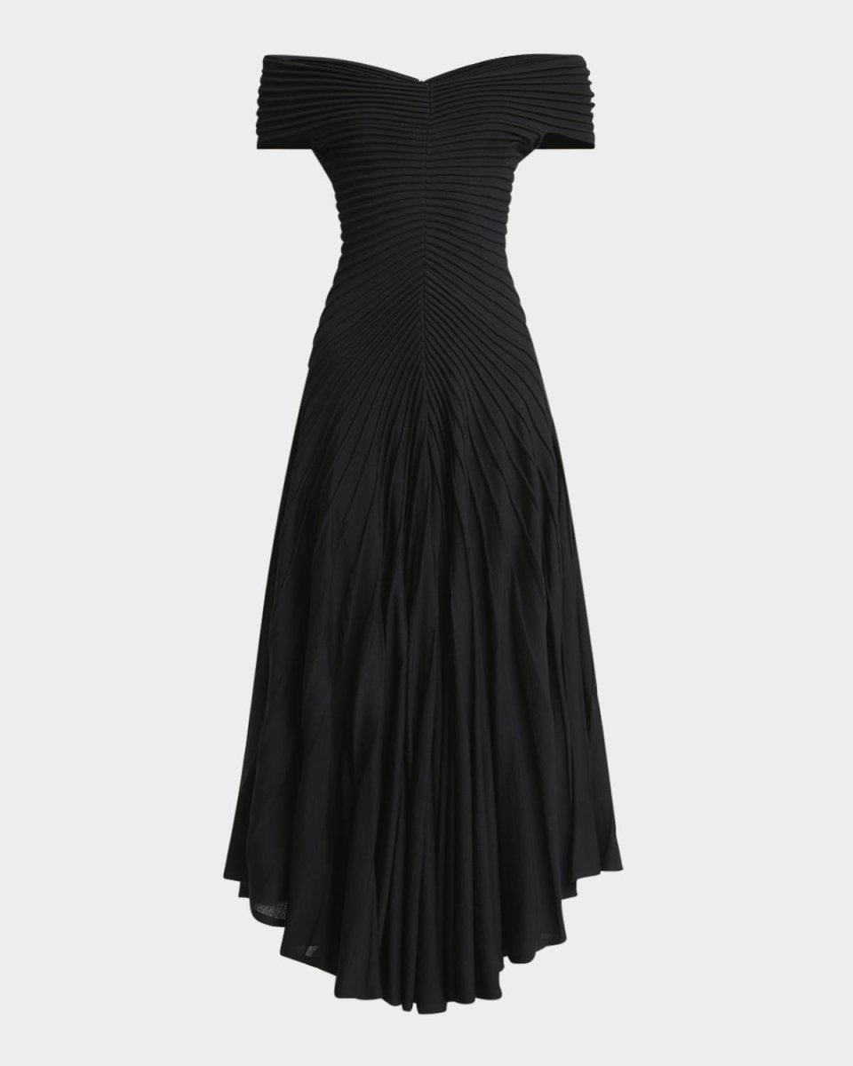 Off-Shoulder Sculpting Line Flared Wool Maxi Dress